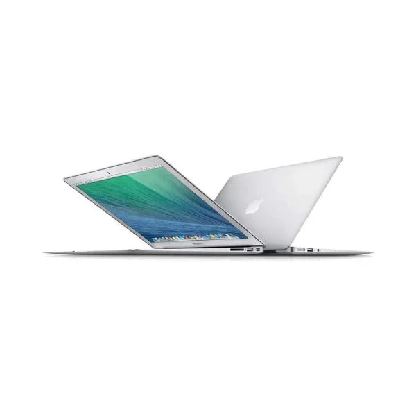 Two silver Apple MacBook Air Early 2015 A1466 laptops (i5 5250U, 13.3, 8GB RAM, 256GB SSD) are placed back-to-back with visible Apple logos and screens showing a vivid green and blue background.