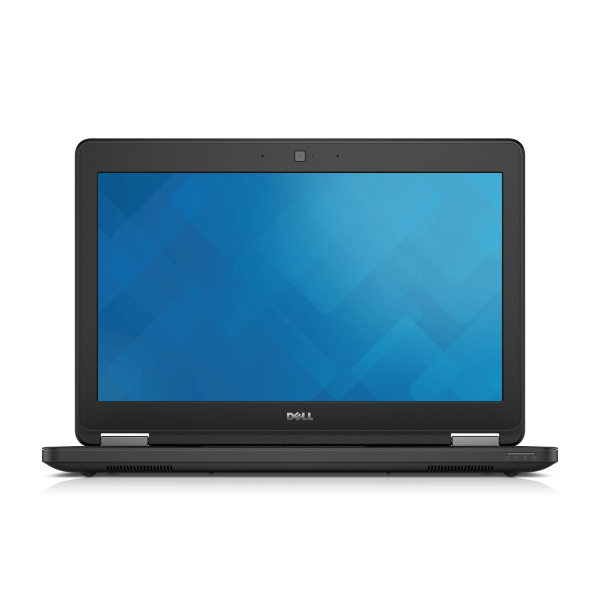 Front view of a black Dell Latitude E5250 i5 5200U 2.2GHz 8GB 500GB NO OS 12.5" laptop, screen open with blue geometric pattern, certified refurbished and shown against a white background. Comes with a 3-month warranty.
