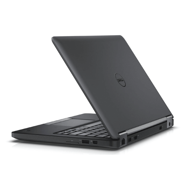 A partially open black Dell Latitude E5250 12.5" business laptop is shown from a rear side angle, displaying its keyboard and ports along the left and back edges. This model features an i5-5200U CPU, 8GB RAM, 500GB HDD, no OS, and a 3-month warranty.