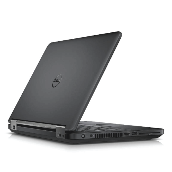 A black Dell Latitude E5250 i5 5200U 2.2GHz 8GB 500GB NO OS 12.5" Laptop is shown partially open, displaying the Dell logo on the back and visible side ports; this certified refurbished laptop includes a 3-month warranty.