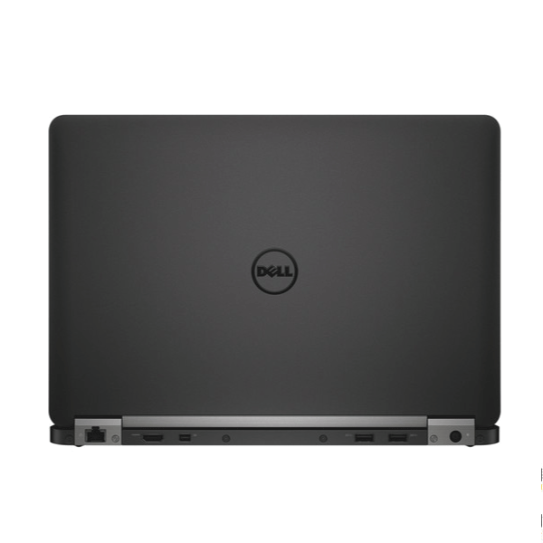 A closed Dell Latitude E7270 i7 (12.5", 8GB, 256GB SSD) refurbished laptop is shown from the back, featuring a matte black finish with the Dell logo in the center and multiple ports along the bottom edge.