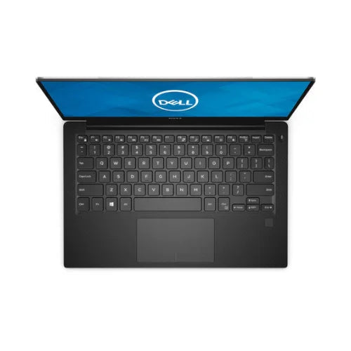Top view of a certified refurbished Dell XPS 13 9360, featuring an i7-7560U 2.4GHz CPU, 16GB RAM, 512GB SSD, QHD+ touchscreen, and black keyboard. The blue screen displays the Dell logo on a white background.