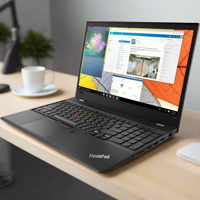 A Lenovo ThinkPad T580 i7 8650U 1.9GHz 16GB 256GB SSD W11P 15.6" Touch laptop sits open on a wooden desk, displaying a vibrant desktop. A blurred coffee cup, plant, and lamp are in the background.