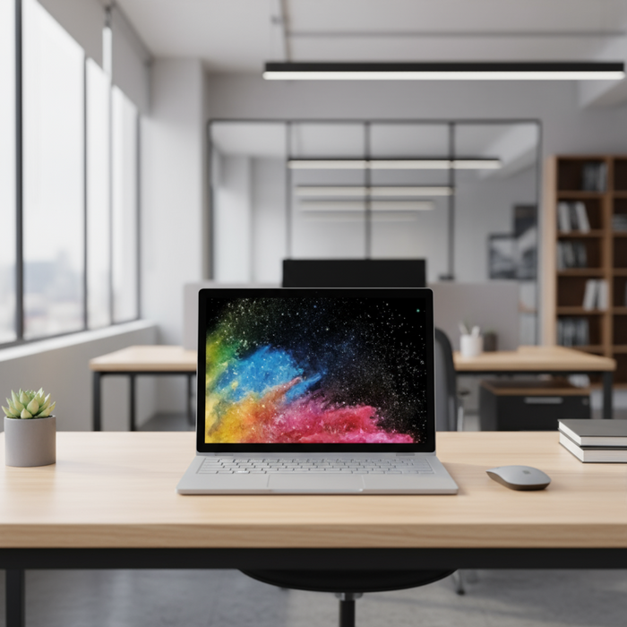 A modern office features a Microsoft Surface Book 2 i5 8350U 8GB 256GB 13.5" Touch laptop on a wooden desk, with a colorful display, wireless mouse, and potted plant. Large windows and bookshelves are in the background.