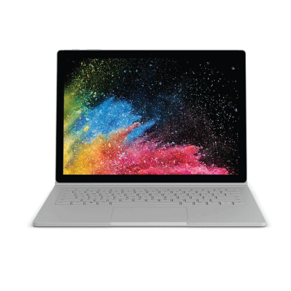 This certified refurbished Microsoft Surface Book 2 features a silver finish, 13.5" touch display, i5 8350U CPU, 8GB RAM, and 256GB storage, shown open with a colorful abstract splash on the screen against a white background.