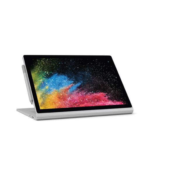 The Microsoft Surface Book 2 i5 convertible laptop with stylus is shown on its side, featuring a vibrant abstract image on its 13.5" touchscreen against a plain white background.