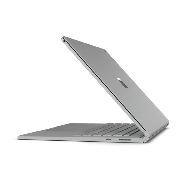 A silver Microsoft Surface Book 2 i5 8350U 1.7GHz 8GB 256GB 13.5" Touch W11P by Microsoft sits partially open on a white background, revealing its keyboard, ports, and logo—a sleek side view of this versatile convertible laptop.