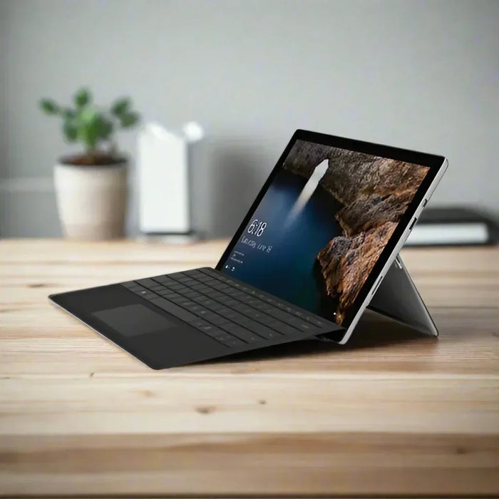 A refurbished Microsoft Surface Pro 4 1724 i5 6300U 2.4GHz 8GB 256GB 12" Touch W10P sits on a wooden desk with its detachable keyboard and stand, displaying a nature wallpaper, with blurred plants and office items in the background.