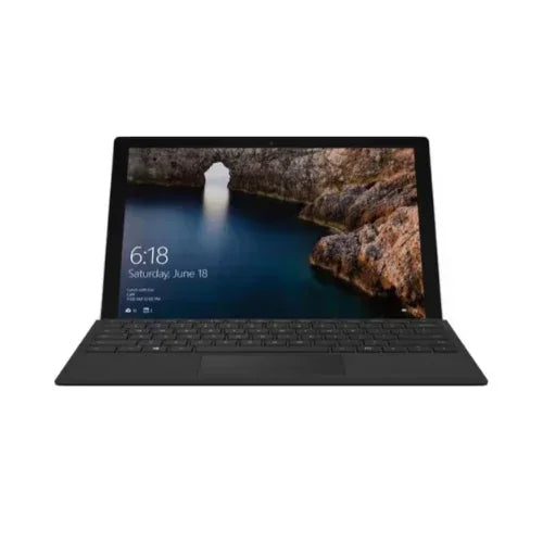 The refurbished Microsoft Surface Pro 4 1724, featuring an Intel i5-6300U, 8GB RAM, 256GB SSD, and a 12" touchscreen with Windows 10 Pro, displays a rocky coast and shows the time as 6:18 on Saturday, June 18.