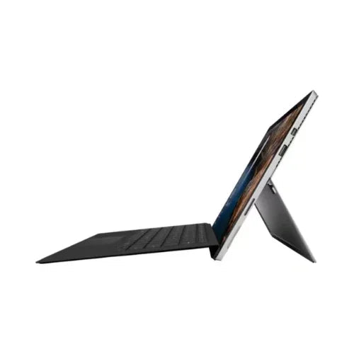 A side view of a refurbished Microsoft Surface Pro 4 1724 with thin black keyboard, extended kickstand, and vibrant 12" touch screen. Features Intel i5-6300U 2.4GHz, 8GB RAM, and 256GB storage for smooth performance.