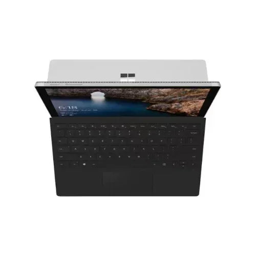 A top-down view of a refurbished Microsoft Surface Pro 4 1724 (i5-6300U, 8GB RAM, 256GB SSD, 12" Touch, W10P) with a black keyboard shows a landscape on screen, centered on a white background.